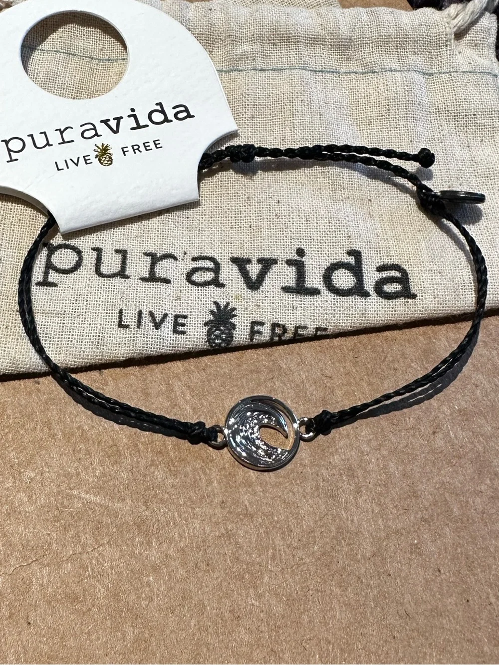PURA VIDA Silver Swell Charm On Black Bracelet NEW Unisex Last one!